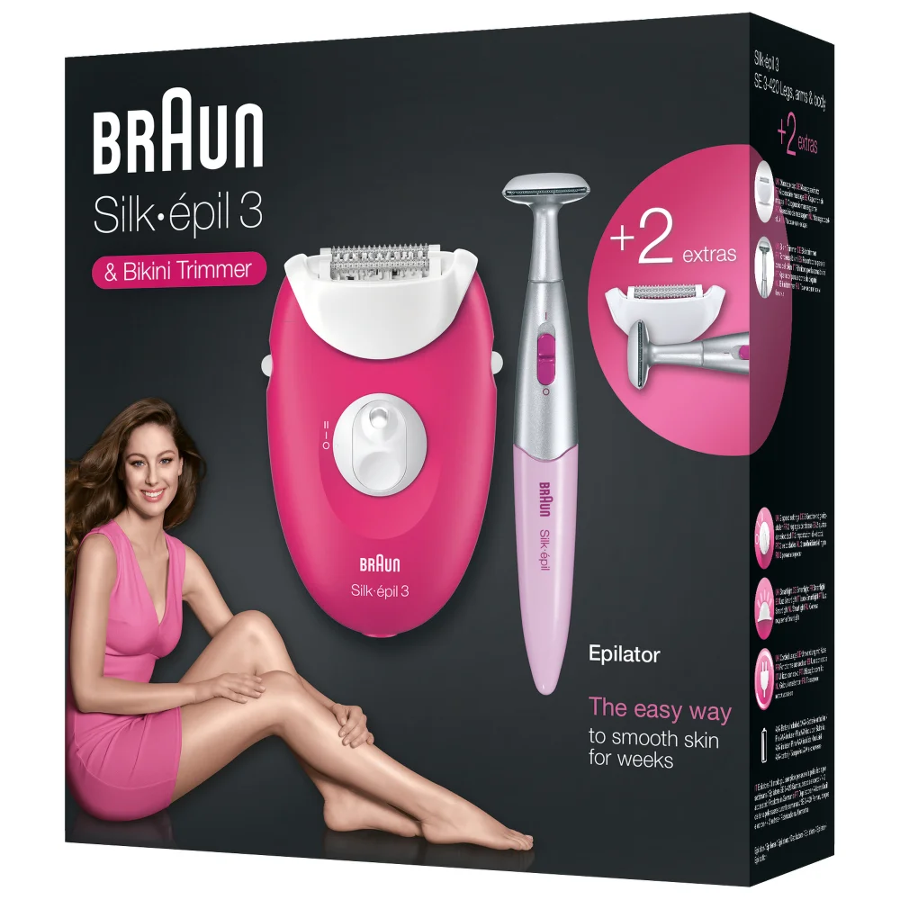 Braun Silk-épil Epilators Silk-épil 3 3-420 Epilator with 2 Extras including Silk-épil Bikini Trimmer. Image 1
