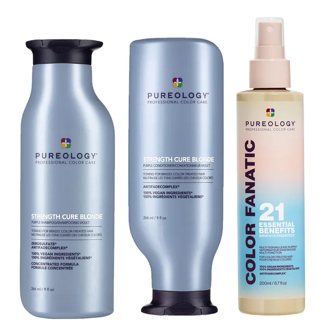 Pureology Trio: Strength Cure Blonde Shampoo 266ml, Conditioner 266ml & Colour Fanatic Leave-In Spray 200ml
