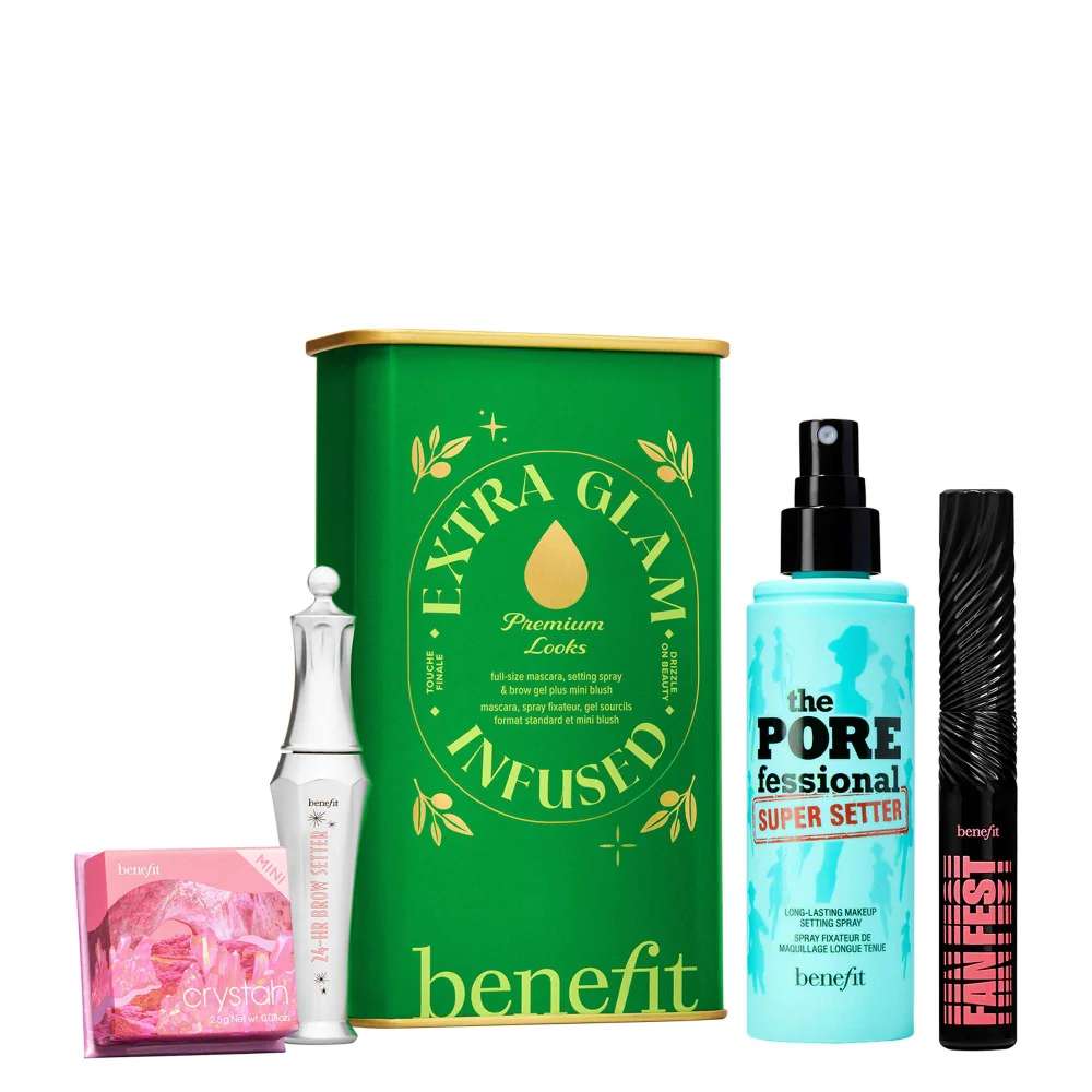 benefit Limited Edition Extra Glam Infused Gift Set with Mascara, 24 Hour Brow Setter, Blusher & Setting Spray (Worth £101) Image 1