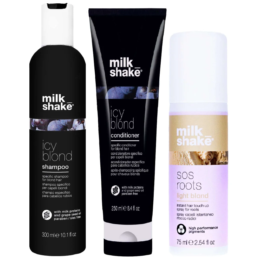 milk_shake Trio: Icy Blonde Shampoo 300ml, Icy Blonde Conditioner 250ml & SOS Roots Light Blond 75ml Image 1