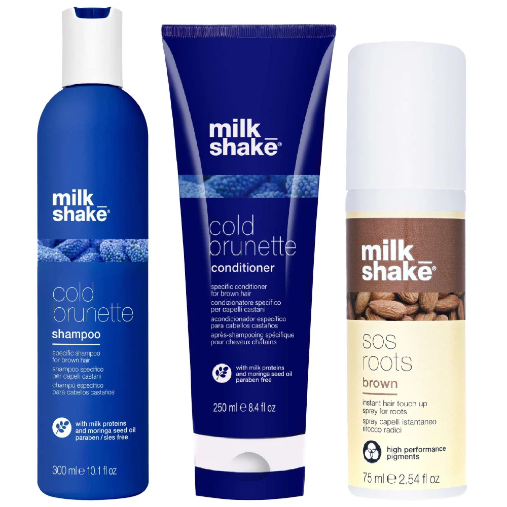 milk_shake Bundles Trio: Cold Brunette Shampoo 300ml, Cold Brunette Conditioner 250ml & SOS Roots Brown 75ml Image 1