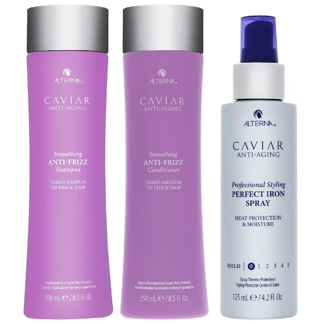 Alterna Trio: Caviar Anti-Frizz Shampoo 250ml, Conditioner 250ml & Perfect Iron Spray 125ml