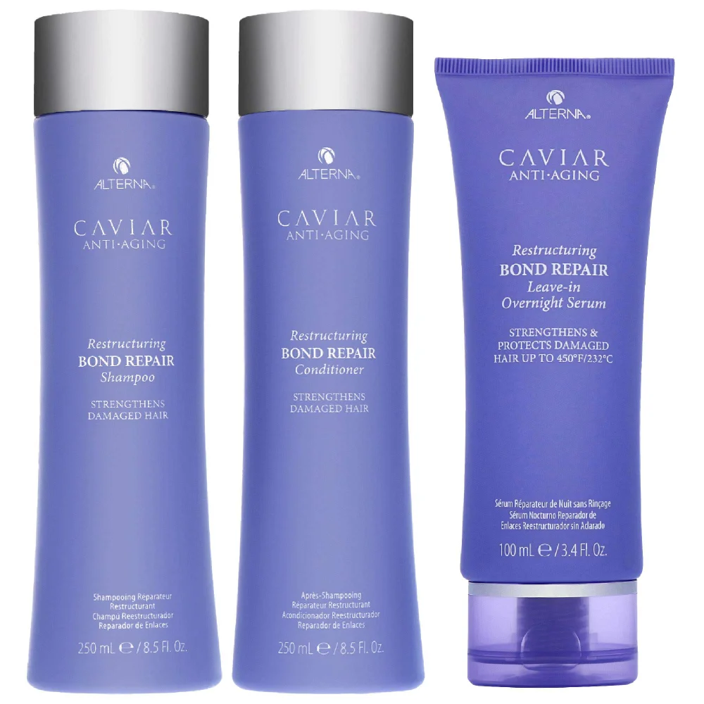 Alterna Trio: Caviar Bond Repair Shampoo 250ml, Conditioner 250ml & Leave-In Overnight Serum 100ml Image 1