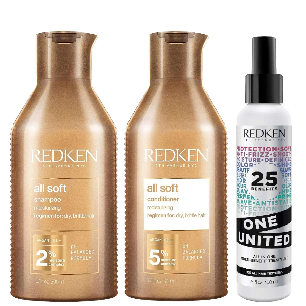 Redken Bundles Trio: All Soft Shampoo 300ml, Conditioner 300ml & One United Treatment 150ml Image 1