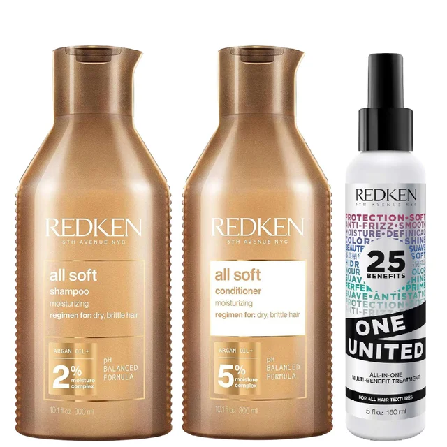 Redken Trio: All Soft Shampoo 300ml, Conditioner 300ml & One United Treatment 150ml