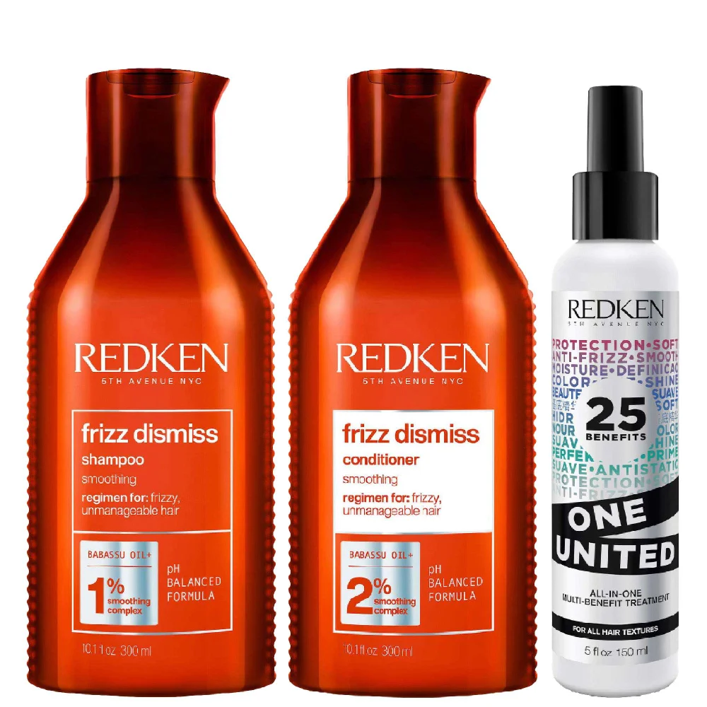 Redken Trio: Frizz Dismiss Shampoo 300ml, Conditioner 300ml & One United Treatment 150ml Image 1