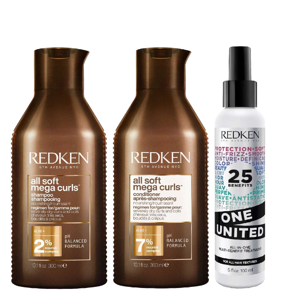 Redken Trio: All Soft Mega Curls Shampoo 300ml, Conditioner 300ml & One United Treatment 150ml Image 1