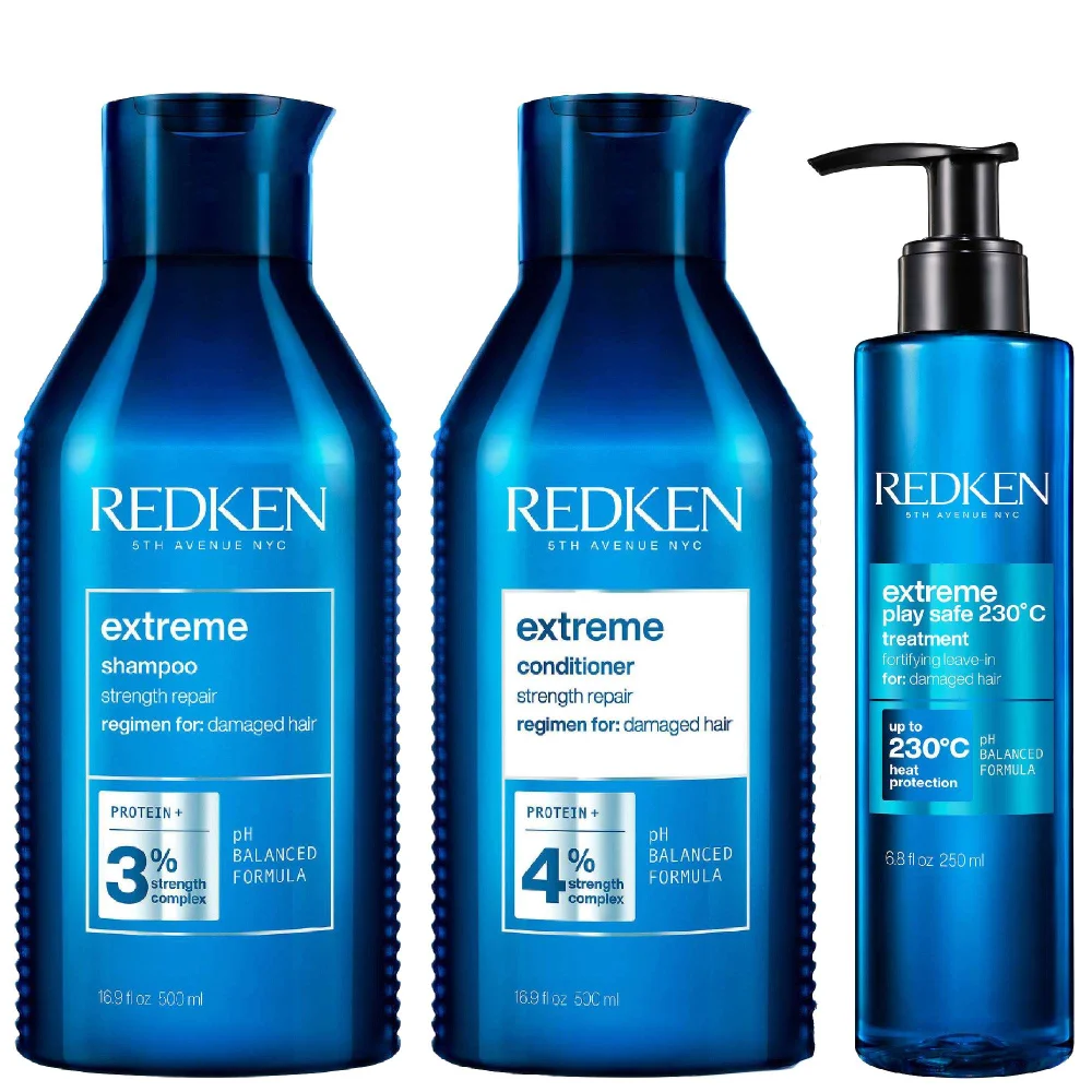 Redken Trio: Extreme Shampoo 500ml, Extreme Conditioner 500ml & Extreme Play Safe 230 Heat Protection 250ml Image 1