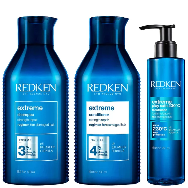 Redken Trio: Extreme Shampoo 500ml, Extreme Conditioner 500ml & Extreme Play Safe 230 Heat Protection 250ml