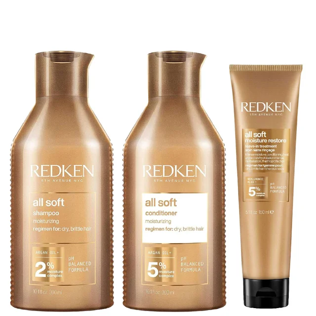 Redken Trio: All Soft Shampoo 300ml, Conditioner 300ml & Leave-In Treatment 150ml