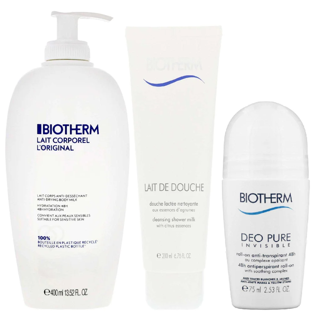 Biotherm Bundles Trio: Deo Pure Invisible 48h Antiperspirant Roll-On 75ml, Cleansing Shower Milk 200ml & Body Milk 400ml Image 1