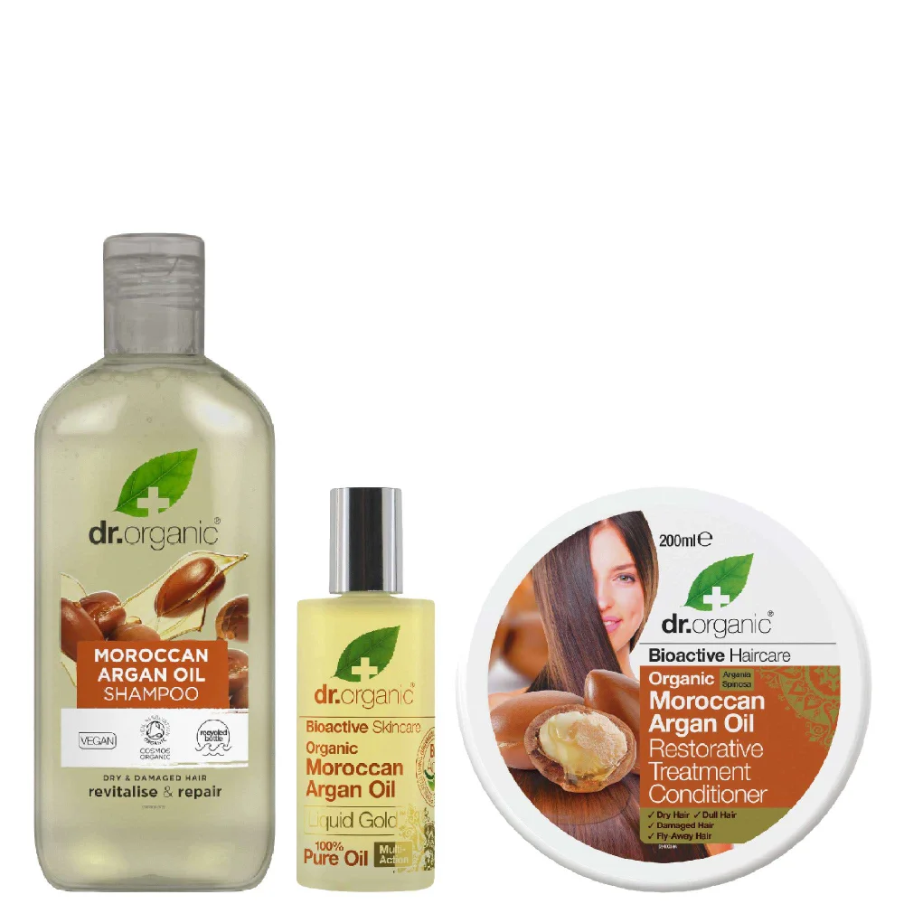 dr.organic Trio: Moroccan Argan Oil Shampoo 265ml, Liquid Gold Oil 50ml & Treatment Conditioner 200ml Image 1