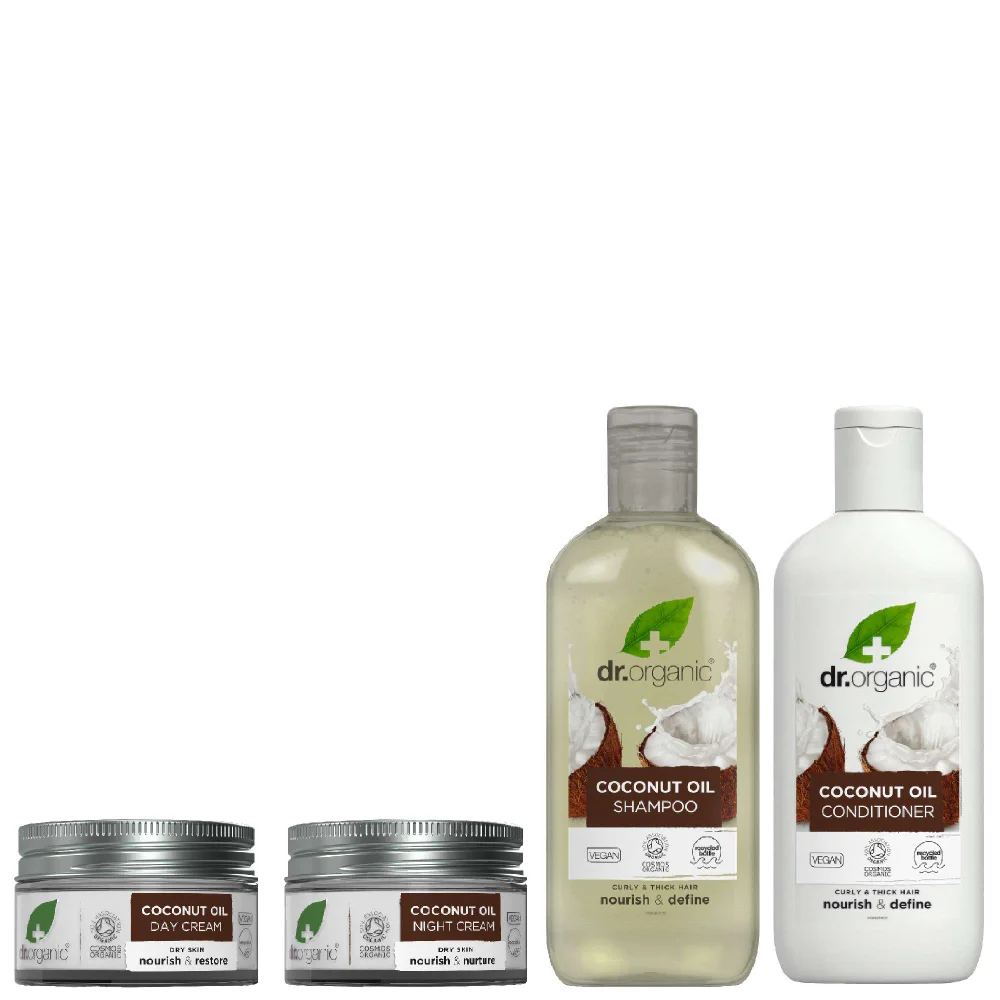 dr.organic Set: Coconut Oil Day Cream 50ml, Night Cream 50ml, Shampoo 265ml & Conditioner 265ml Image 1
