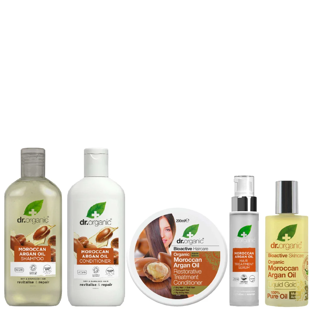 dr.organic Set: Argan Oil Shampoo 265ml, Conditioner 265ml, Treatment 200ml, Serum 100ml & Liquid Gold 50ml Image 1