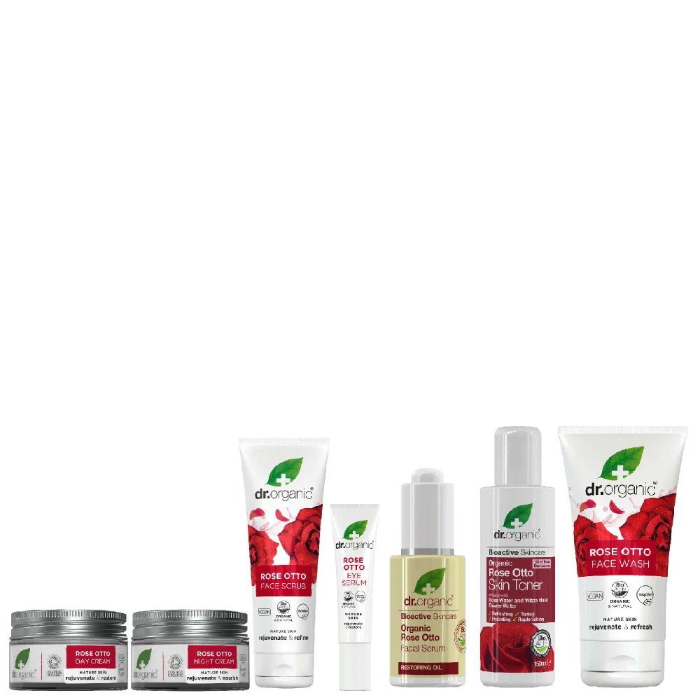 dr.organic Set: Rose Otto Day 50ml, Night 50ml, Scrub 125ml, Eye Serum 15ml, Facial Serum 35ml, Toner 150ml & Wash 150ml Image 1