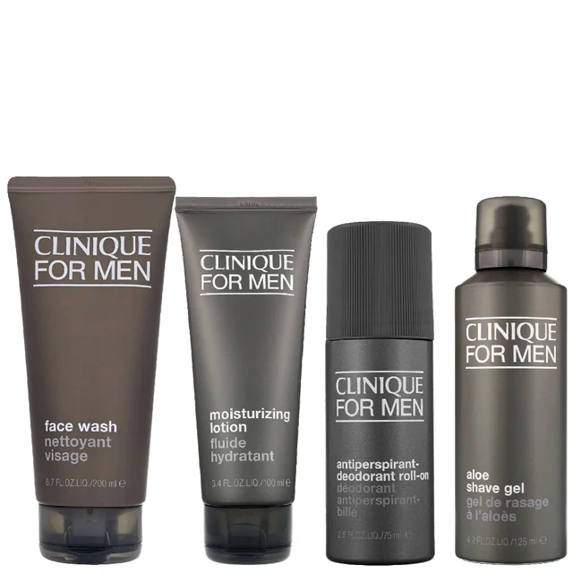 Clinique Set: Mens Face Wash 200ml, Moisturizing Lotion 100ml, Antiperspirant Roll-On 75ml & Shave Gel 125ml