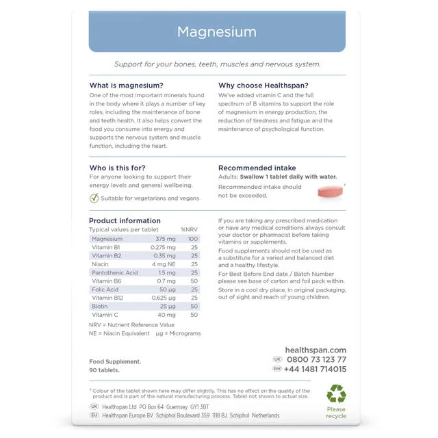 Healthspan Magnesium Tablets 375mg x 90