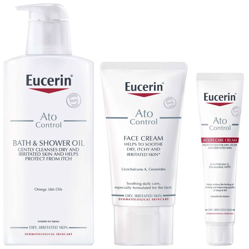 Eucerin Trio: AtoControl Bath & Shower Oil 400ml, Acute Care Cream 40ml & Face Care Cream 50ml Image 1