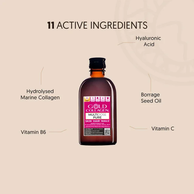 Gold Collagen Liquid Supplement Multidose Pure Skin, Hair & Nails Liquid Supplement 20 x 15ml