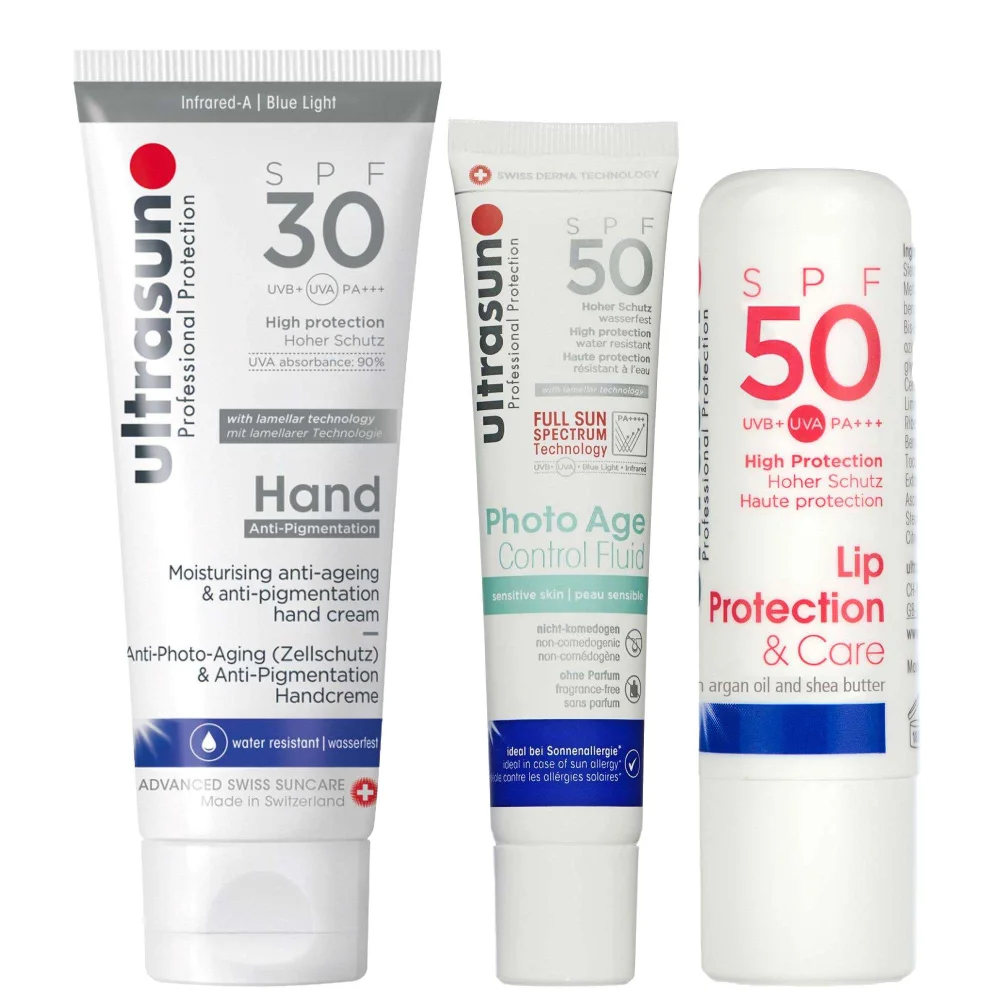 Ultrasun Trio: Photo Age Control Fluid 40ml, Hand Cream SPF30 75ml & Lip Protection 4.8g Image 1