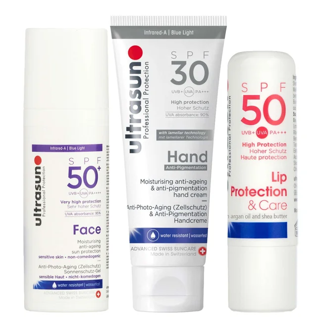Ultrasun Trio: Anti-Ageing Sun Protection 50ml, Hand Cream 75ml & Lip Protection 4.8g