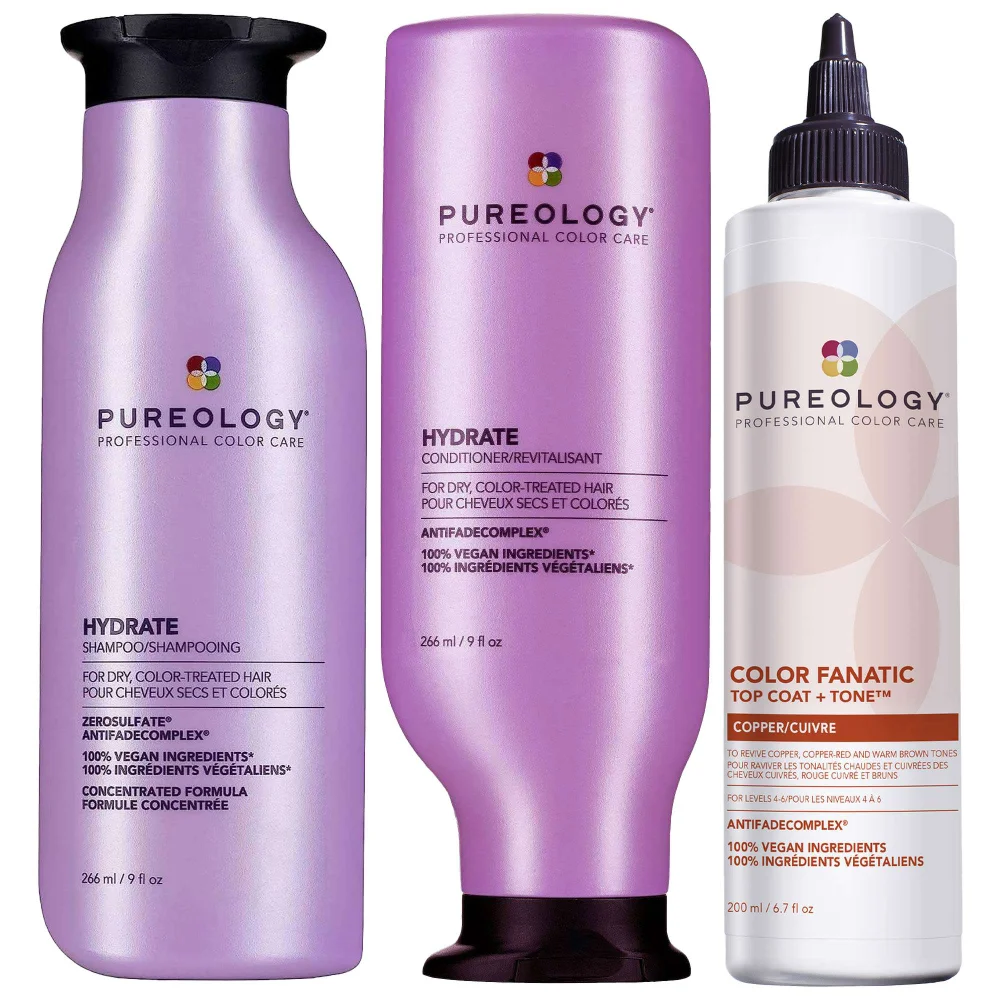 Pureology Trio: Moisturising Shampoo 266ml, Conditioner 266ml & Color Fanatic Top Coat + Tone Glaze Copper 200ml Image 1