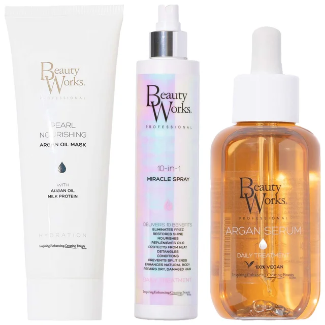 Beauty Works Bundles Trio: Pearl Nourishing Argan Oil Mask 250ml, 10 in 1 Miracle Spray 250ml & Argan Oil Serum 90ml