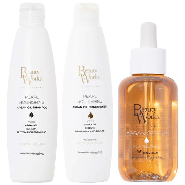 Beauty Works Trio: Pearl Nourishing Argan Oil Shampoo 250ml, Conditioner 250ml & Argan Oil Serum 90ml