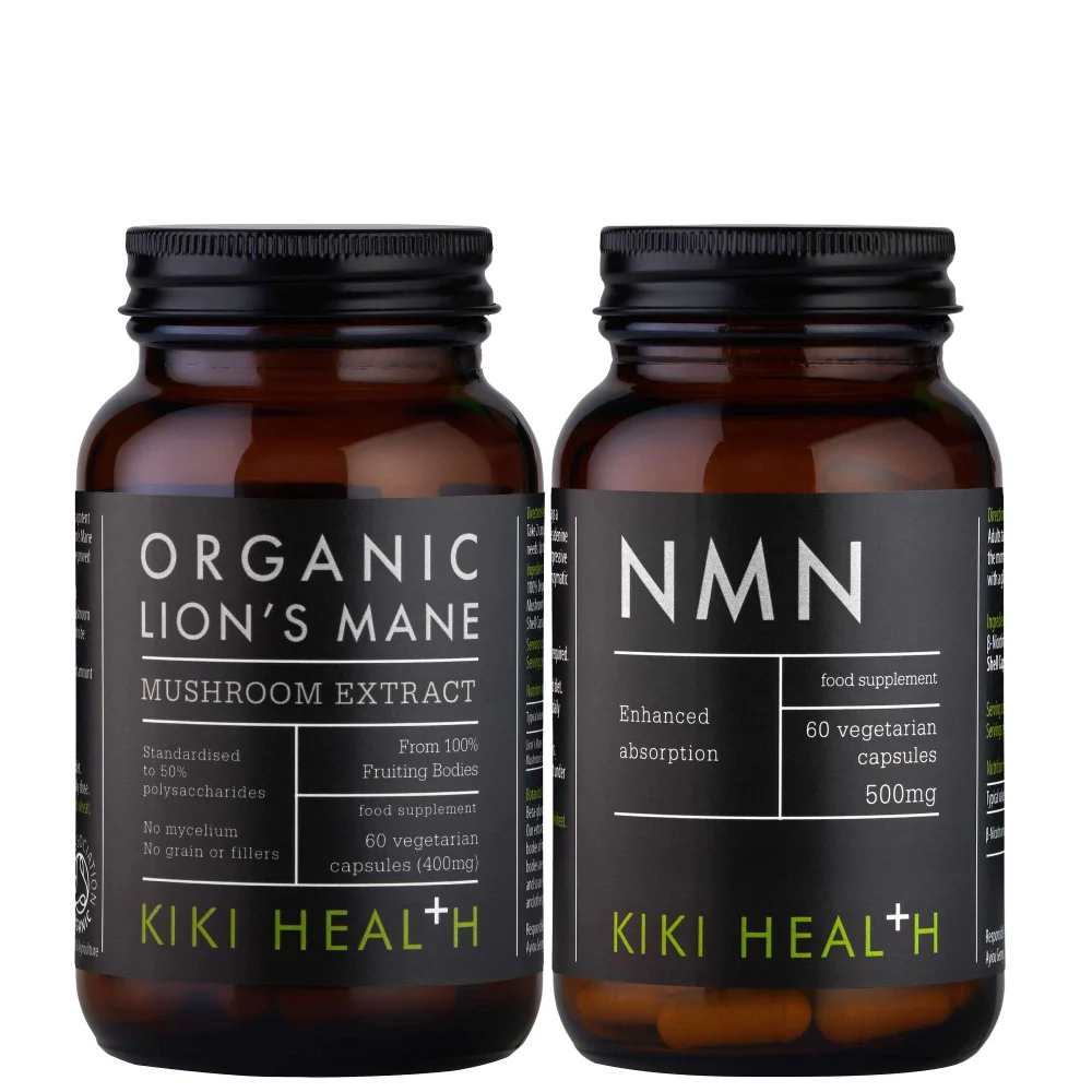 KIKI Health Duo: Immune Health Organic Lion's Mane Mushroom Extract 60 Vegicaps, Longevity NMN 60 Vegicaps Image 1