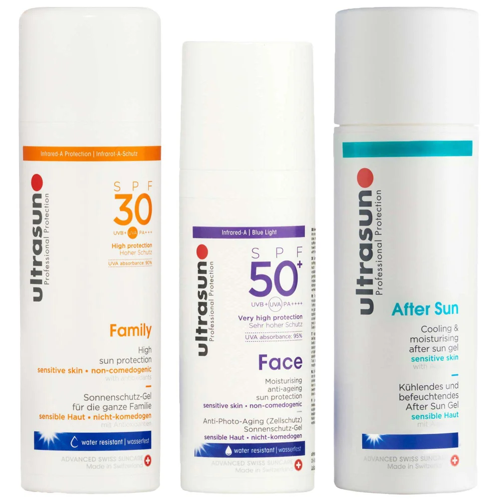Ultrasun Trio: Family SPF30 150ml, Anti-Ageing Sun Protection SPF50+ 50ml & Aftersun Gel 150ml Image 1