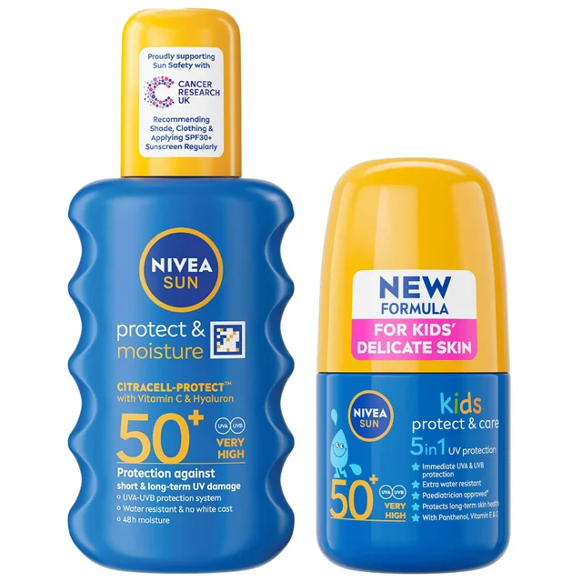 Nivea Bundles Duo: Protect & Moisture SPF50+ Spray 200ml & Kids Protect & Care SPF50+ Roll On 50ml