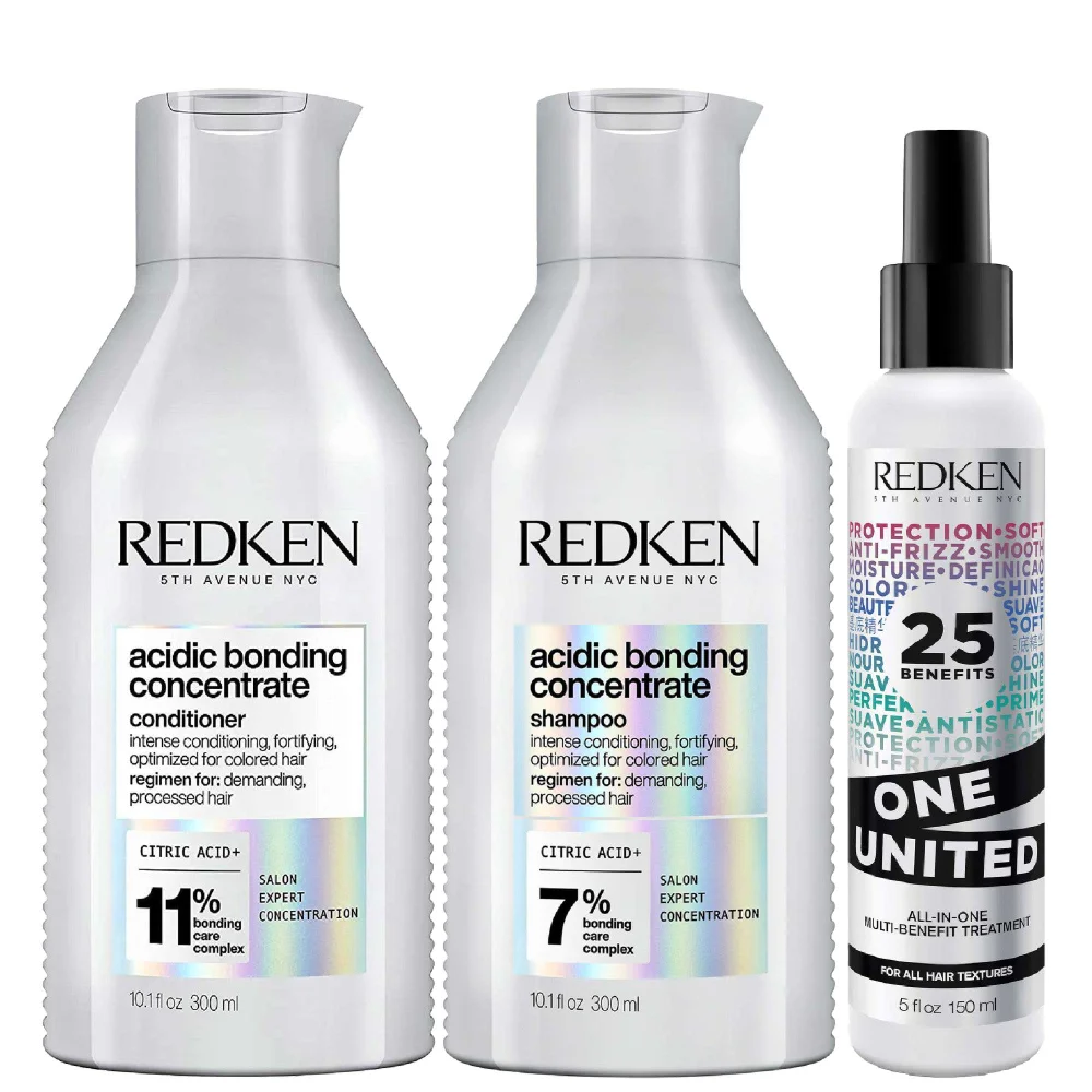 Redken Acidic Bonding Concentrate Shampoo, Conditioner and One United Multi-Benefit Leave-In Treatment Bond Repair Bundle Image 1