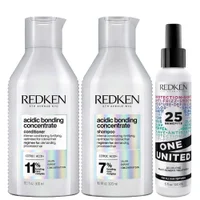 Redken Acidic Bonding Concentrate Shampoo, Conditioner and One United Multi-Benefit Leave-In Treatment Bond Repair Bundle