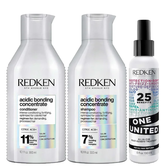 Redken Acidic Bonding Concentrate Shampoo, Conditioner and One United Multi-Benefit Leave-In Treatment Bond Repair Bundle