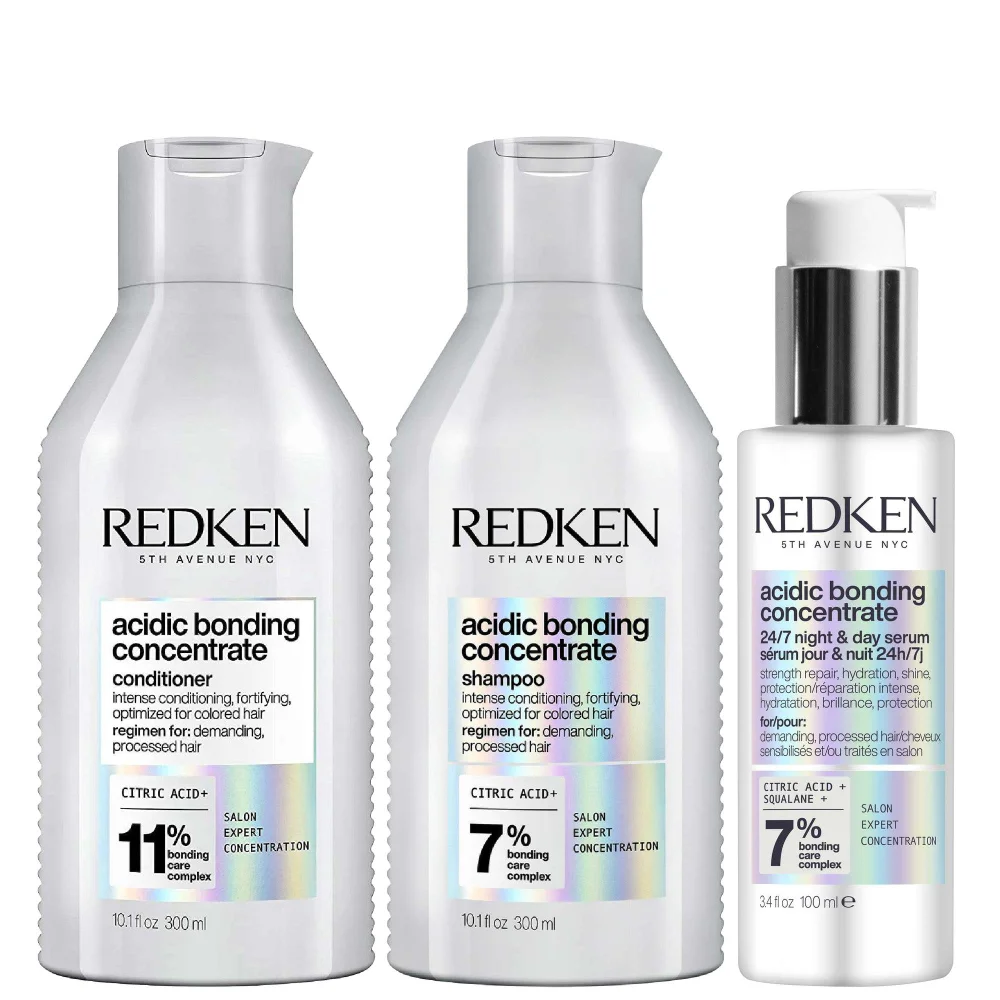 Redken Trio: Acidic Bonding Concentrate Shampoo 300ml, Conditioner 300ml and 24/7 Night & Day Serum 100ml Image 1