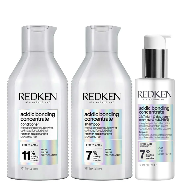 Redken Trio: Acidic Bonding Concentrate Shampoo 300ml, Conditioner 300ml and 24/7 Night & Day Serum 100ml