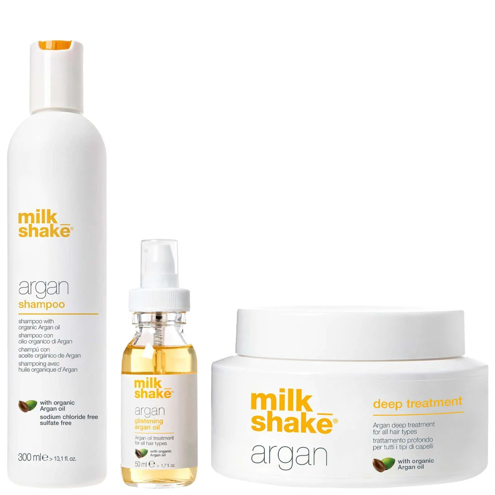 milk_shake Trio: Argan Shampoo 300ml, Deep Treatment 200ml & Glistening Oil 50ml Image 1