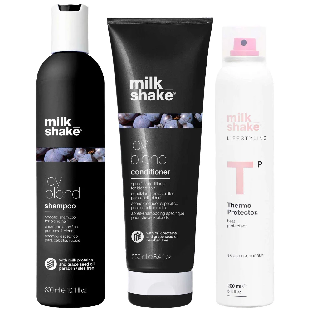 milk_shake Trio: Icy Blonde Shampoo 300ml, Conditioner 250ml & Thermo Protector Spray 200ml Image 1