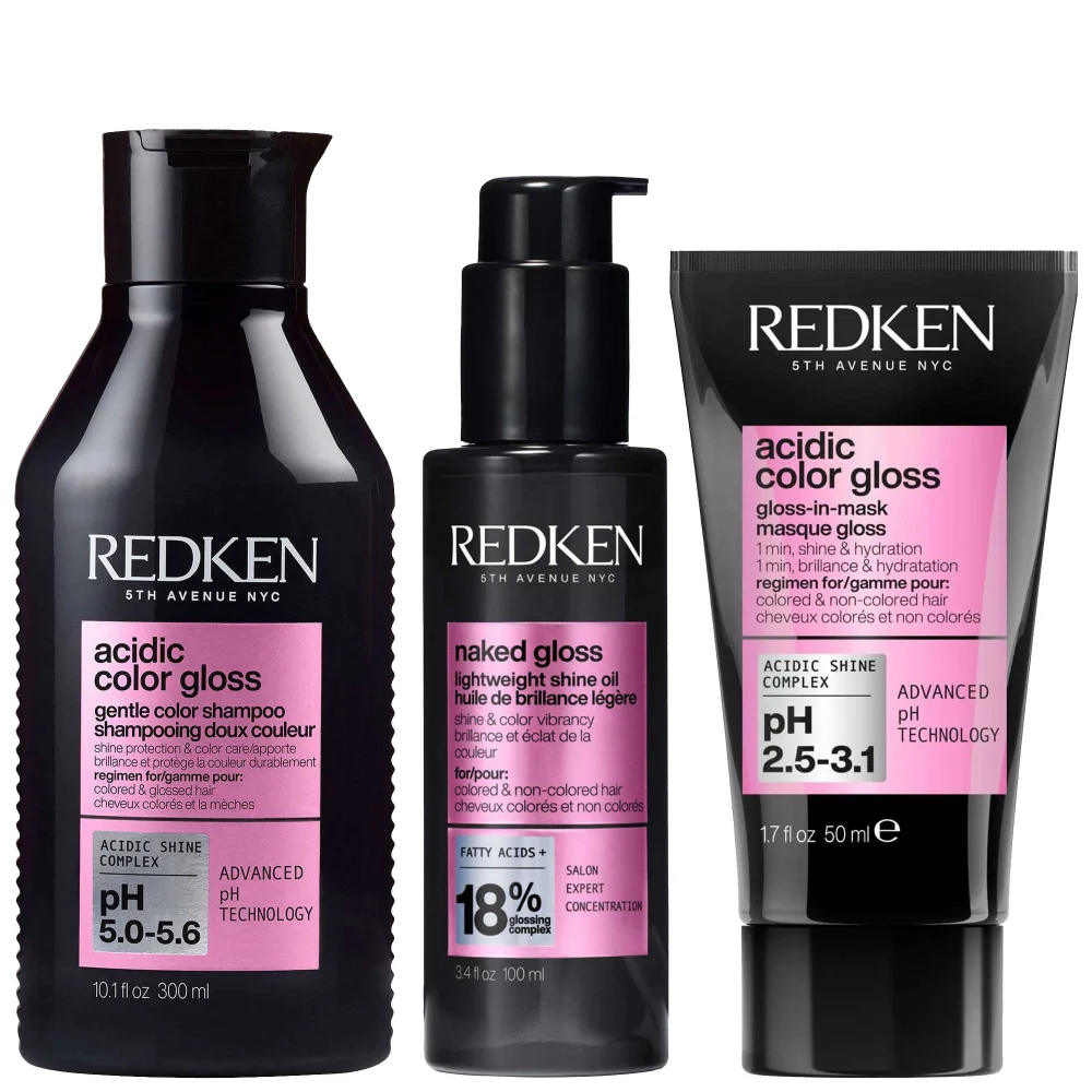 Redken Trio: Acidic Color Gloss Shampoo 300ml, Naked Gloss 100ml and Gloss-in-Mask Mini 50ml Image 1