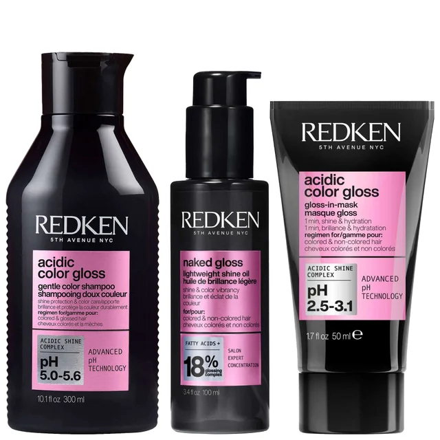 Redken Trio: Acidic Color Gloss Shampoo 300ml, Naked Gloss 100ml and Gloss-in-Mask Mini 50ml