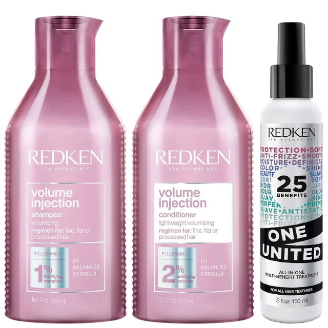 Redken Volume Injection Shampoo, Conditioner and One United Treatment Spray Routine for Fine/Flat Hair