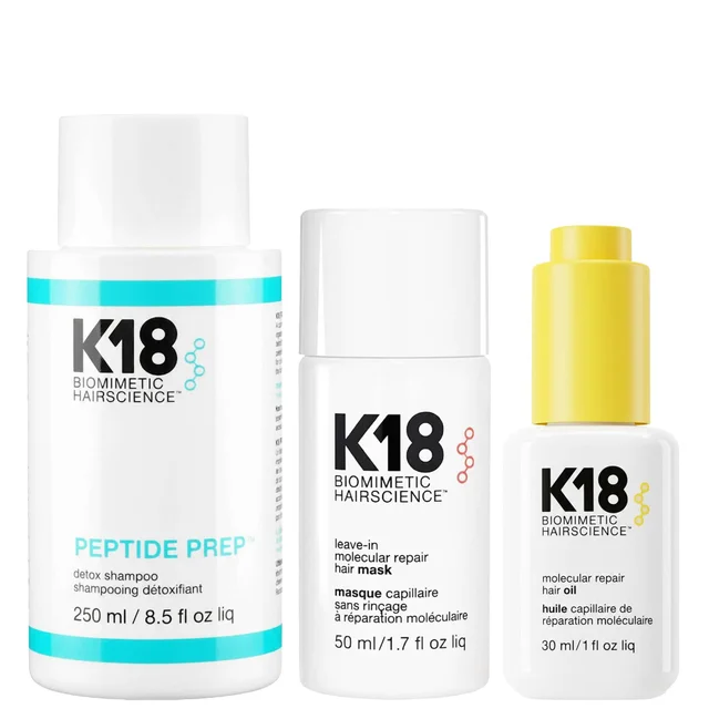 K18 Trio: Biomimetic Hairscience Peptide Prep Detox Shampoo, Leave-In Molecular Repair Hair Mask & Molecular Repair Hair Oil