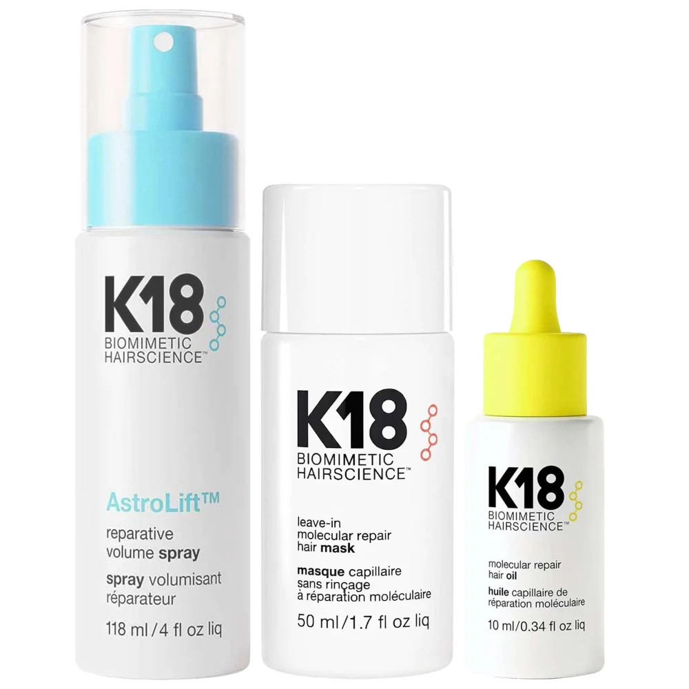 K18 Bundles Trio: Biomimetic Leave-In Molecular Repair Mask 50ml, Molecular Repair Oil 10ml & AstroLift Reparative Spray 118ml Image 1
