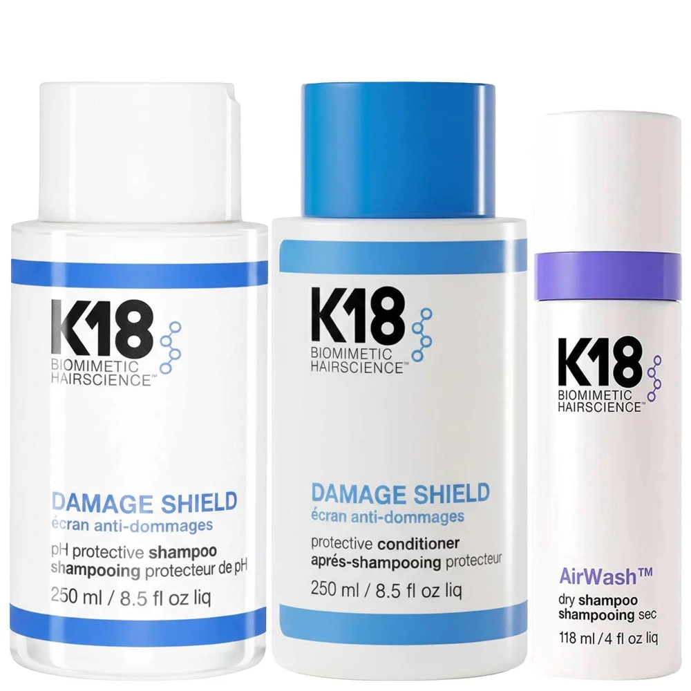 K18 Trio: Biomimetic Hairscience Damage Shield Conditioner 250ml, pH Protective Shampoo 250ml & AirWash Dry Shampoo 118ml Image 1