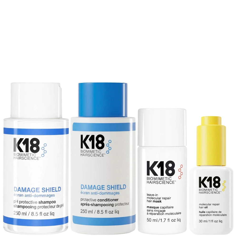 K18 Bundles Biomimetic Hairscience Damage Shield Conditioner 250ml,Protective Shampoo 250ml, Dry Shampoo 118ml & Repair Oil 30ml Image 1