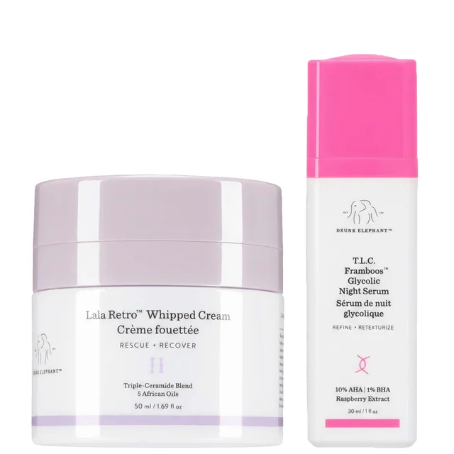 Drunk Elephant Duo: Lala Retro Whipped Cream 50ml & T.L.C. Framboos Glycolic Resurfacing Night Serum 30ml