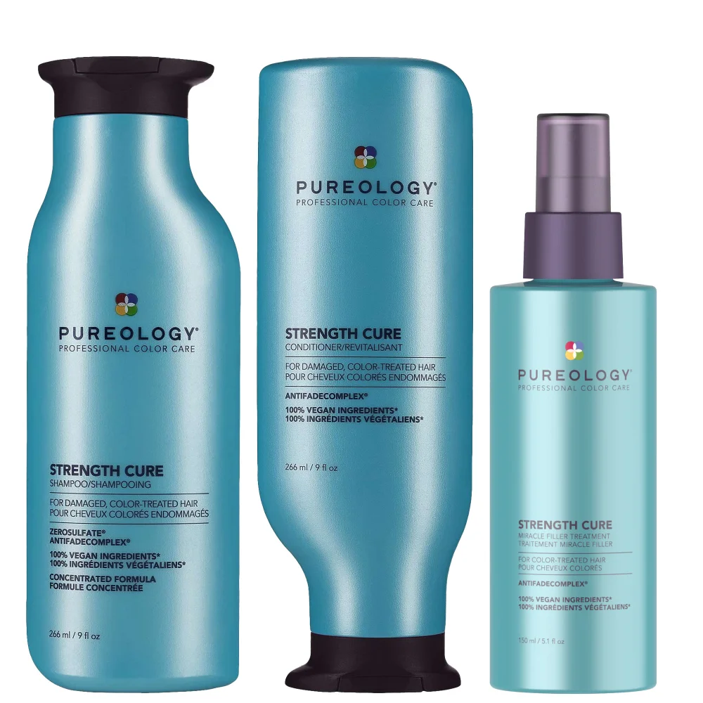 Pureology Trio: Strength Cure Strengthening Shampoo 266ml, Strengthening Conditioner 266ml & Miracle Filler Treatment 150ml Image 1