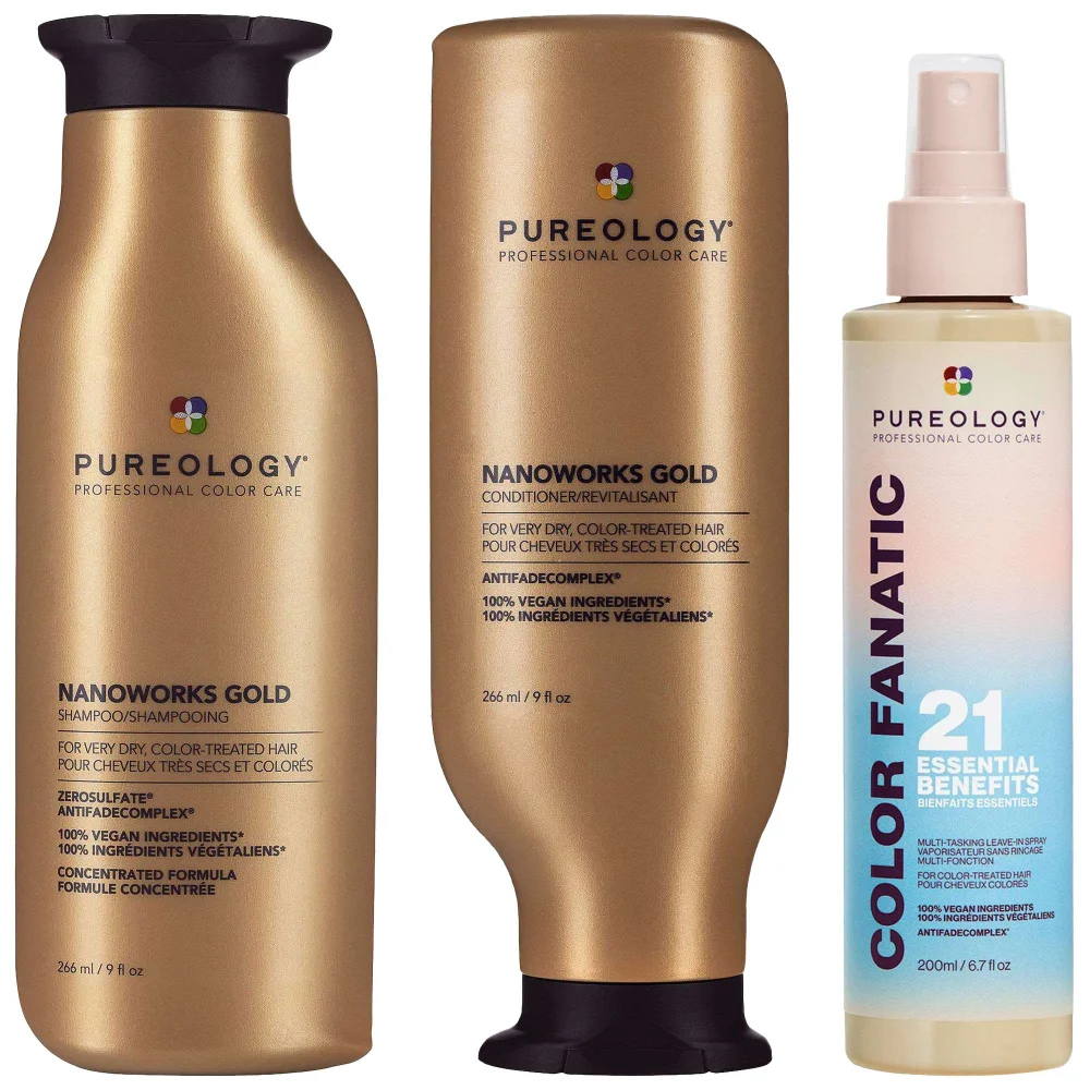 Pureology Trio: Color Fanatic Multi-Tasking Leave-In Spray 200ml, Nanoworks Gold Conditioner 266ml & Shampoo 266ml Image 1