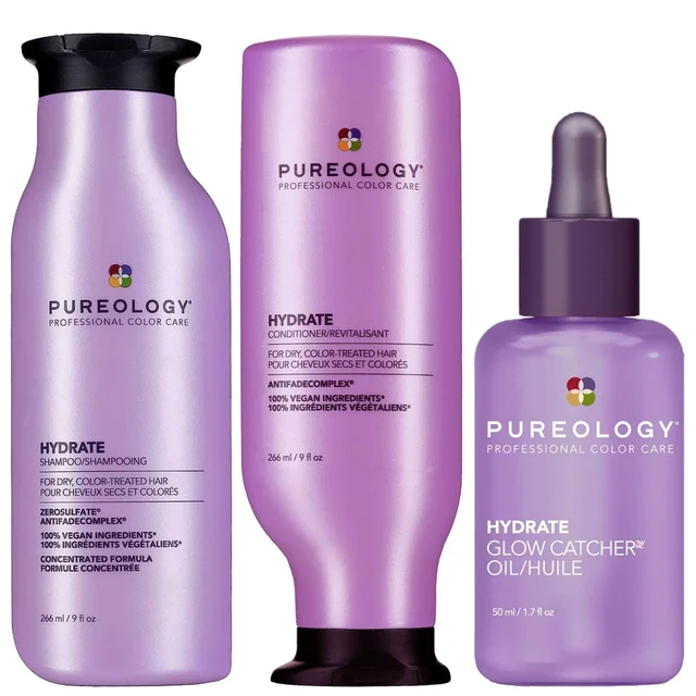 Pureology Bundles Trio: Hydrate Moisturising Shampoo 266ml, Conditioner 266ml & Hydrate Glow Catcher Hydrating Hair Oil 50ml